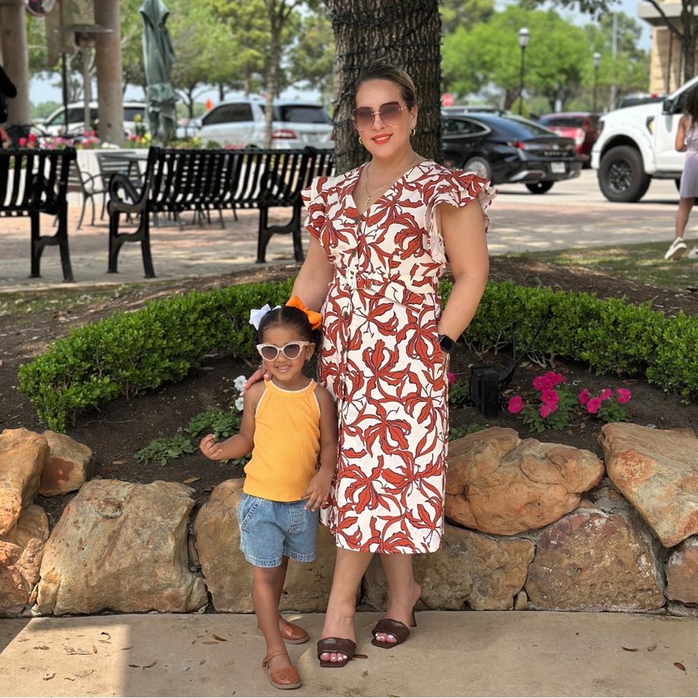 Cotton patterned dress with hand stitching, size 14, missing belt